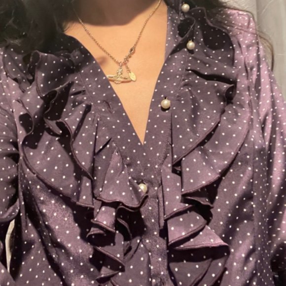 LOVE MOSCHINO BLOUSE PURPLE DOT SZ 4 RUFFLE COLLAR - Picture 3 of 5